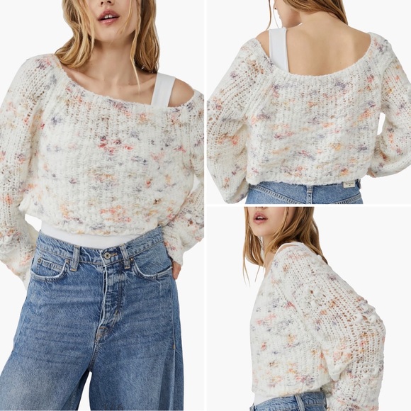 NWT Free People Sunset Cloud Cozy Cropped Sweater in Ivory Combo Size Large - Picture 3 of 12